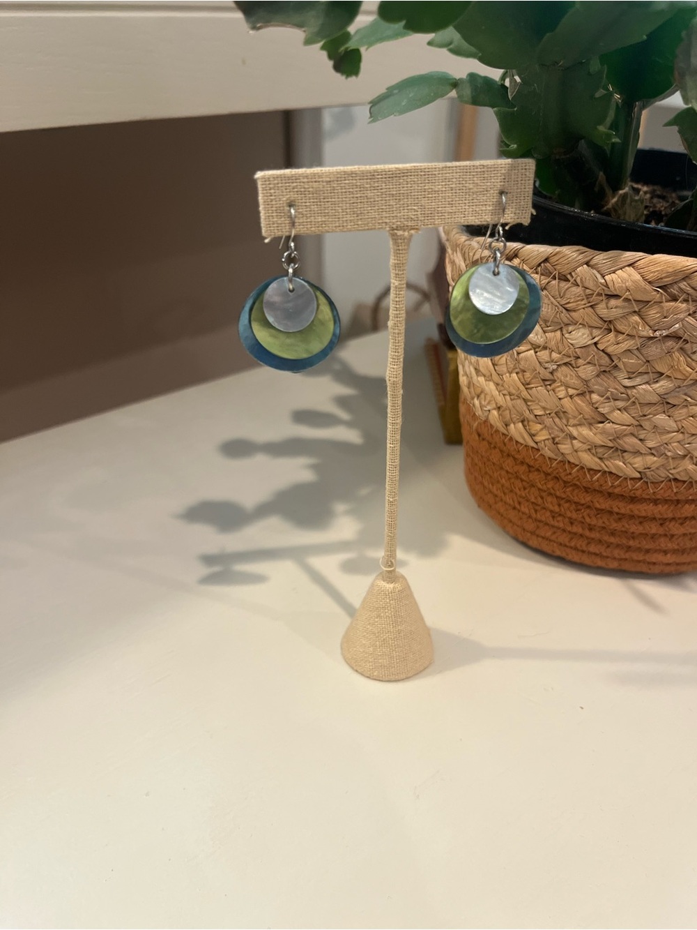 Pretty Capiz Shell Disc Earrings in blue and lime green